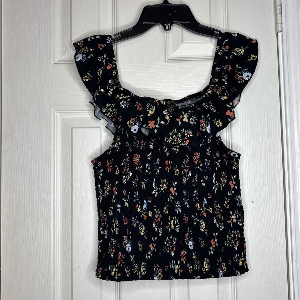 Almost Famous Large Smocked Top Black Floral Ruffle Strap Square Neck Tank